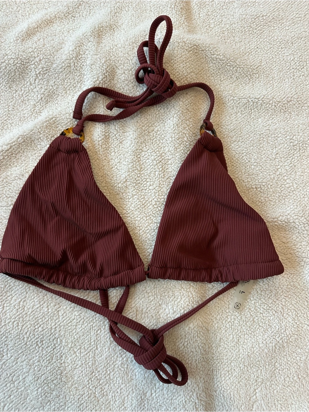 BERLOOK Brown Ribbed Triangle Bikini Top Tortoise Ring Size Large